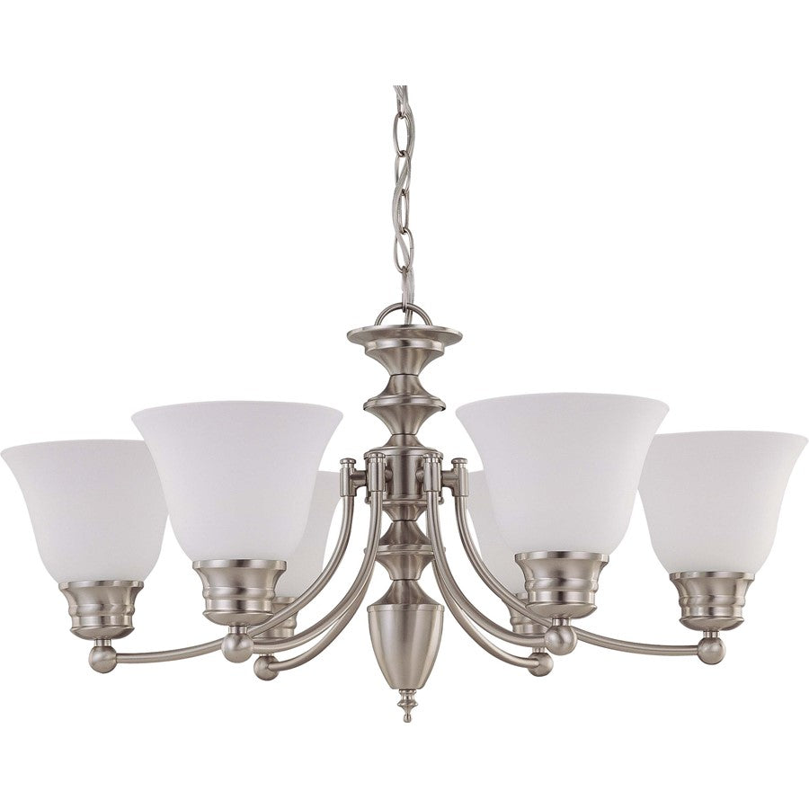 Nuvo Empire 26in 6-Light Chandelier | Brushed Nickel and Frosted White Glass | Dining Room & Living Room | 22 x 22 x 25 in | Model 60-3255