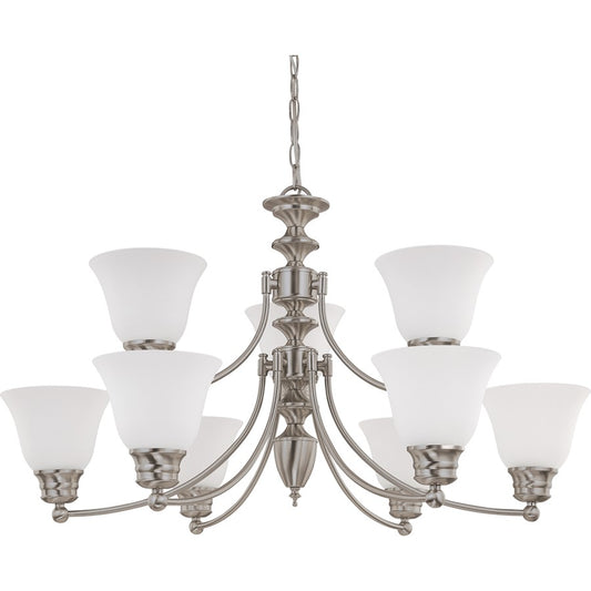 Nuvo Empire 32in 9-Light Chandelier | Brushed Nickel and Frosted White Glass | Dining Room & Living Room | 27 x 17 x 31 in | Model 60-3256
