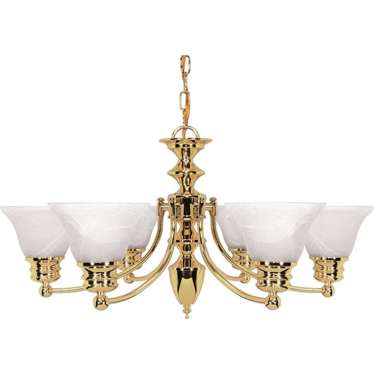 Nuvo Empire 26in 6-Light Chandelier | Traditional Polished Brass and Alabaster Glass Bell Shades | Dining Room & Living Room | 22 x 11 x 25 | Model 60-357