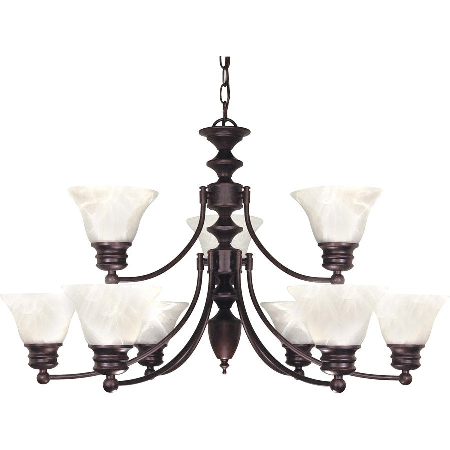 Nuvo Empire 32in 9-Light Chandelier | Traditional Old Bronze and Alabaster Glass Bell Shades | Dining Room & Living Room | 32 x 32 x 18 in | Model 60-362