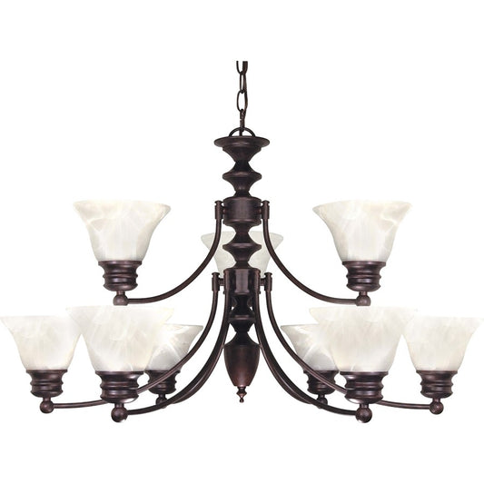 Nuvo Empire 32in 9-Light Chandelier | Traditional Old Bronze and Alabaster Glass Bell Shades | Dining Room & Living Room | 32 x 32 x 18 in | Model 60-362