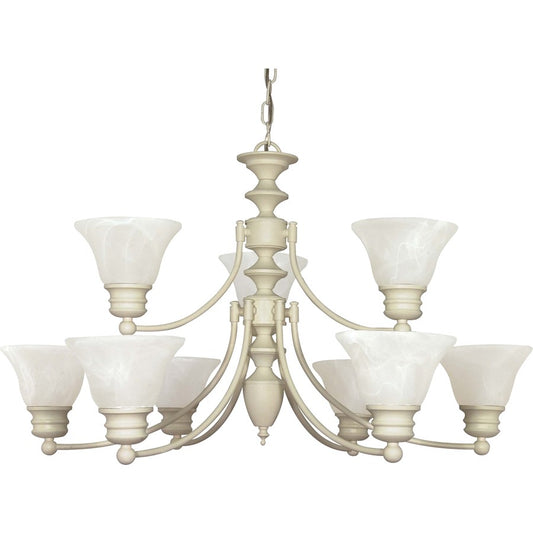 Nuvo Empire 32in 9-Light Chandelier | Textured White and Alabaster Glass Bell Shades | Dining Room & Living Room | 27 x 17 x 31 in | Model 60-363