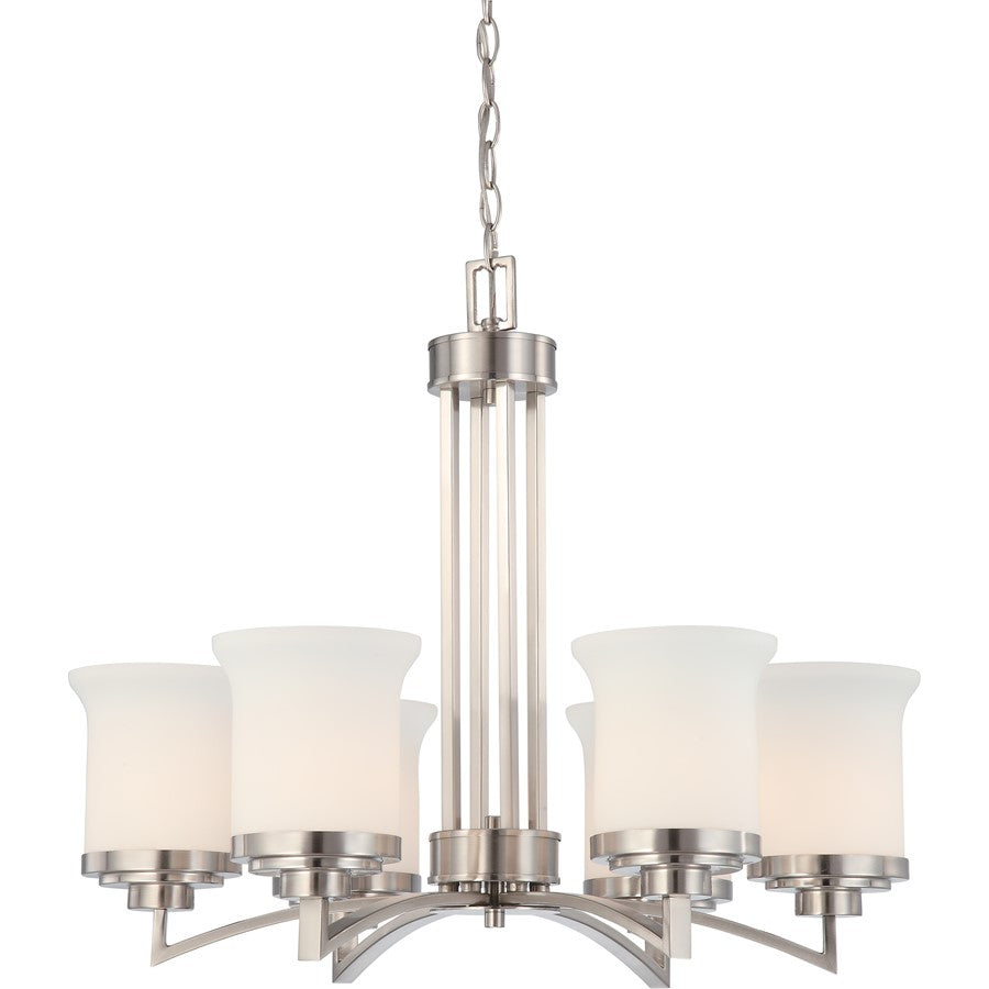 Nuvo Lighting Harmony 26in 6-Light Chandelier | Brushed Nickel and Satin White Glass | Dining Room & Living Room | 28 x 18 x 22 in | Model 60-4105