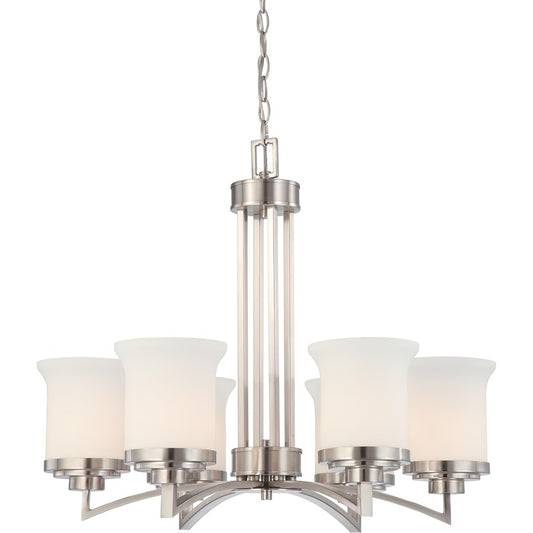 Nuvo Lighting Harmony 26in 6-Light Chandelier | Brushed Nickel and Satin White Glass | Dining Room & Living Room | 28 x 18 x 22 in | Model 60-4105