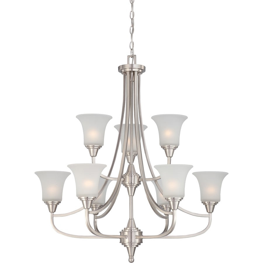 Nuvo Surrey 32in 9-Light Two-Tier Chandelier | Contemporary Brushed Nickel and Frosted Glass | Dining Room & Living Room | 32 x 29 x 35 in | Model 60-4149