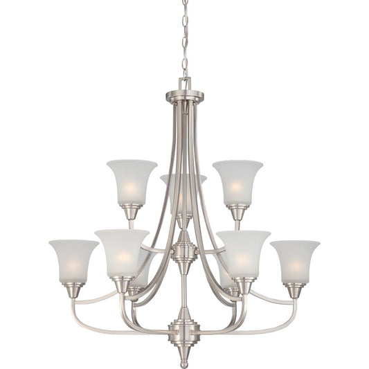 Nuvo Surrey 32in 9-Light Two-Tier Chandelier | Contemporary Brushed Nickel and Frosted Glass | Dining Room & Living Room | 32 x 29 x 35 in | Model 60-4149