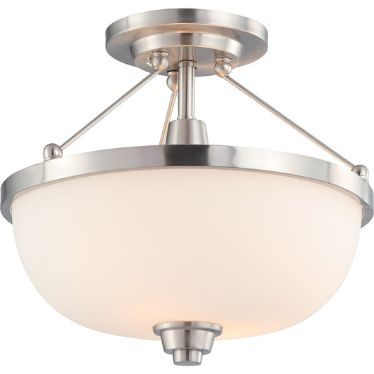 Nuvo Helium 13.75in 2-Light Semi-Flush Mount | Contemporary Brushed Nickel and Satin White Glass | Bedroom & Hallway Ceiling Light | 13.75 | Model 60-4188