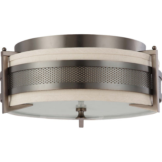 Nuvo Diesel 16in 3-Light Flush Mount | Industrial Aged Bronze and Khaki Fabric Shade | Kitchen & Hallway | 16 x 16 x 8 in | Model 60-4436