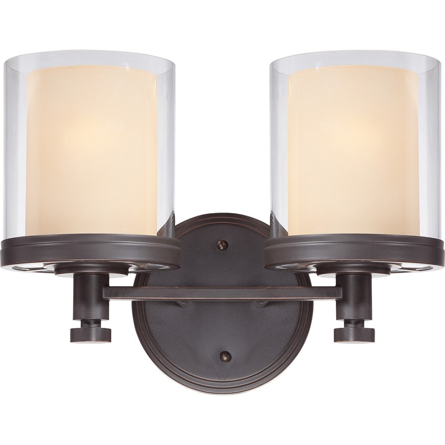 Nuvo Decker 13.75in 2-Light Vanity Light | Industrial Sudbury Bronze and Clear & Cream Glass | Bathroom Vanity | 13.75 x 10.25 x 6.75 in | Model 60-4542