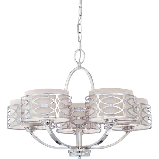 Nuvo Harlow 27.75in 5-Light Chandelier | Polished Nickel and Slate Gray Fabric | Dining Room & Living Room | 23 x 17 x 19 in | Model 60-4625