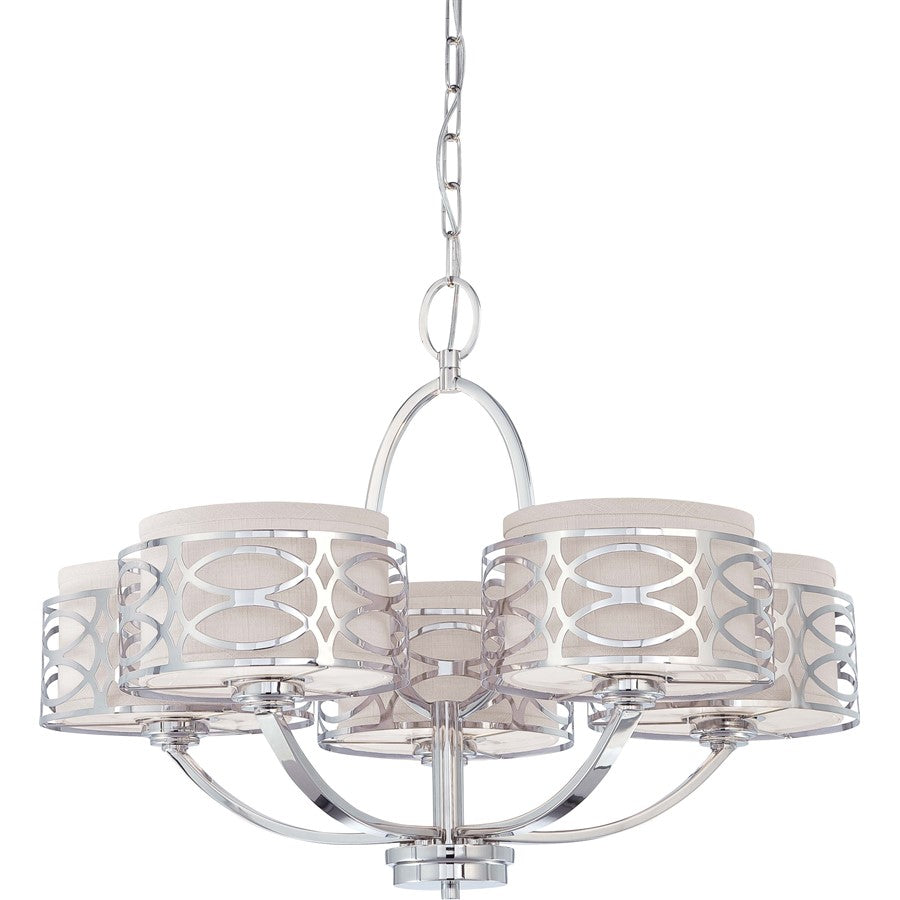 Nuvo Harlow 27.75in 5-Light Chandelier | Polished Nickel and Slate Gray Fabric | Dining Room & Living Room | 23 x 17 x 19 in | Model 60-4625