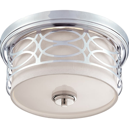 Nuvo Harlow 13in 2-Light Flush Mount | Glamorous Polished Nickel and Slate Gray Fabric Shade | Bathroom & Hallway | 13.375 x 13.375 x | Model 60-4627