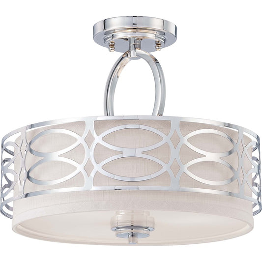 Nuvo Harlow 15in 3-Light Semi-Flush Mount | Glamorous Polished Nickel and Slate Gray Fabric Shade | Living Room & Bedroom | 15 x 15 x 12 in | Model 60-4629