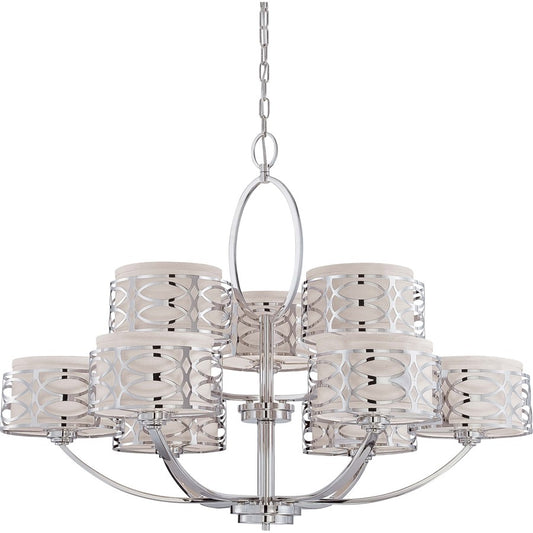 Nuvo Harlow 38in 9-Light Chandelier | Polished Nickel and Slate Gray Fabric | Kitchen Island & Dining Room | 38 x 38 x 29 in | Model 60-4630