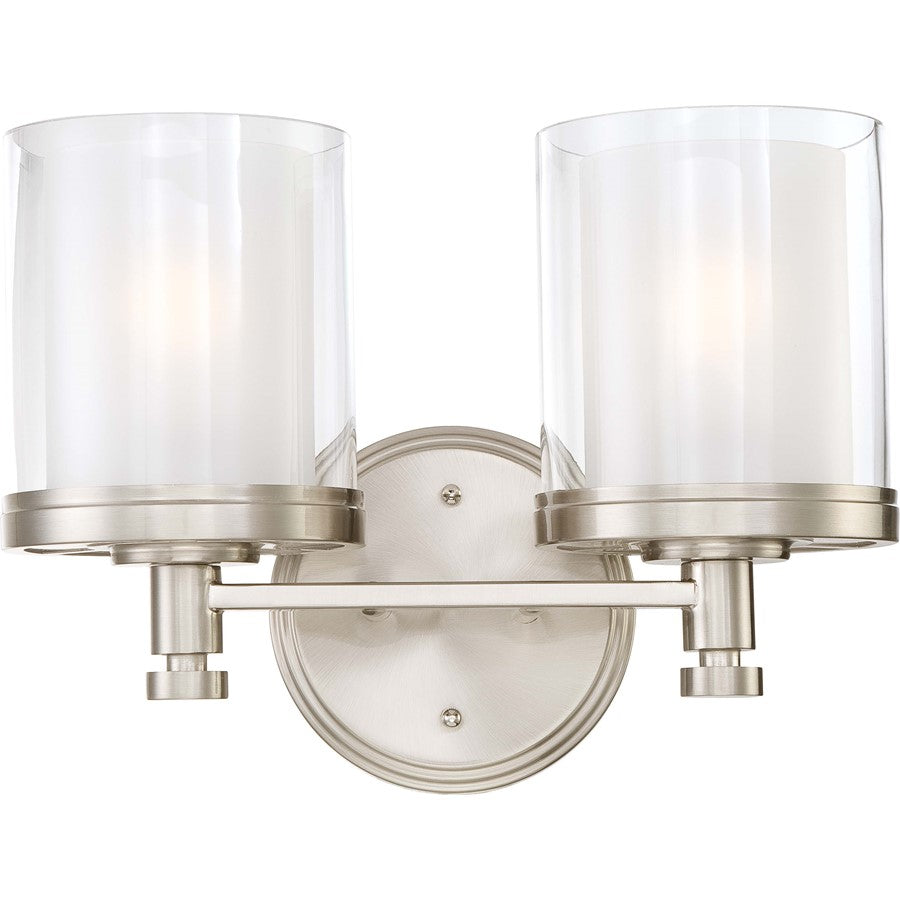 Nuvo Decker 2-Light Vanity Light | Industrial Brushed Nickel and Clear & Frosted Glass | Bathroom Vanity | 13.75 x 10.25 x 6.75 in | Model 60-4642