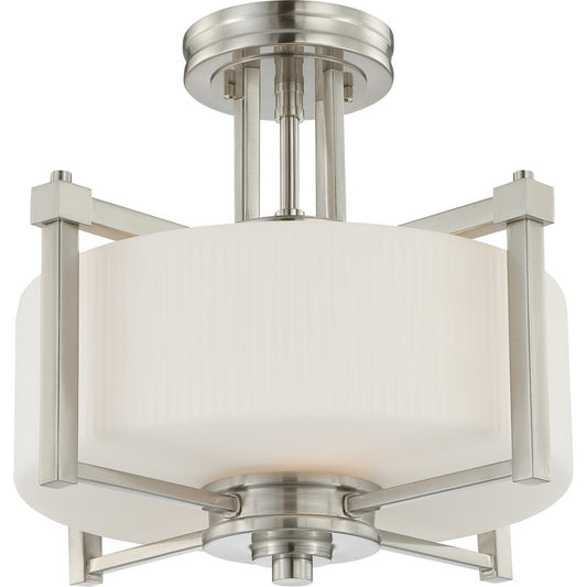 Nuvo Wright 15in 2-Light Semi-Flush Mount | Prairie Bronze or Brushed Nickel and Satin White Ribbed Glass | Kitchen & Hallway | 15.375 x | Model 60-4713