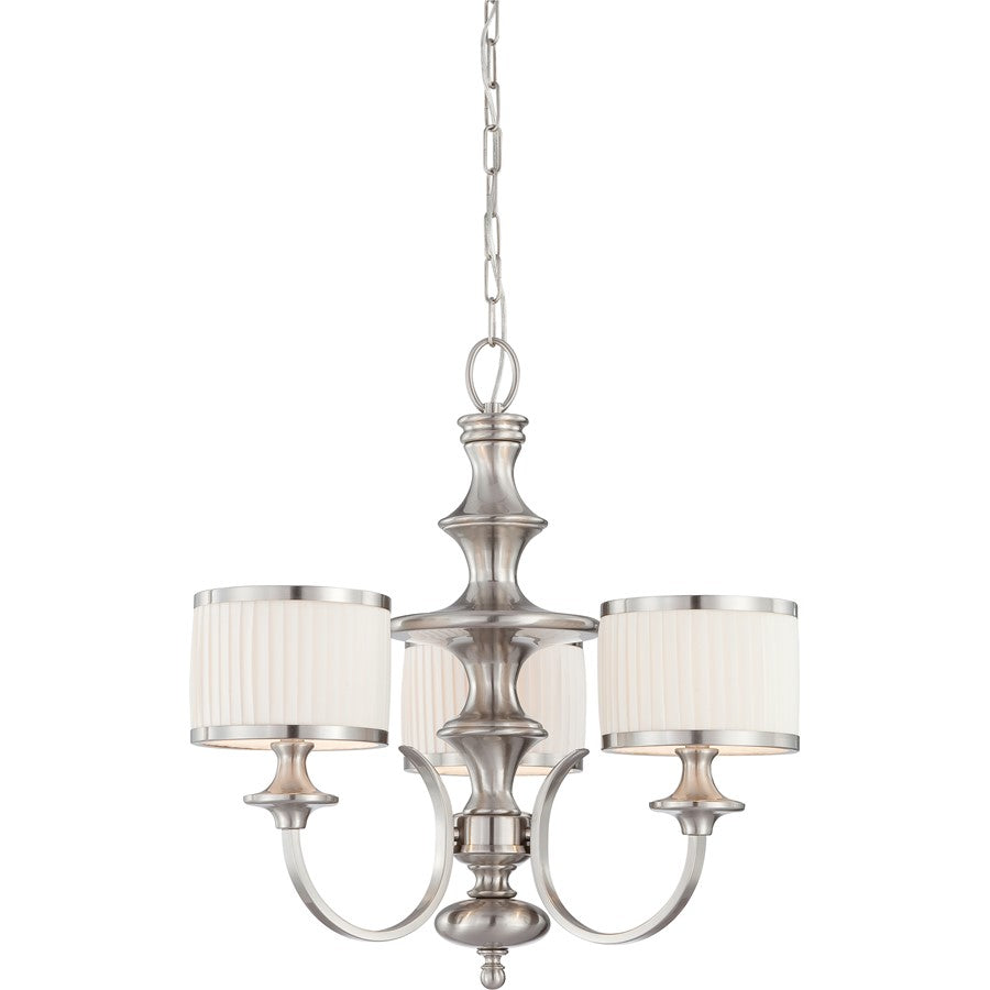 Nuvo Candice 24in 3-Light Chandelier | Traditional Brushed Nickel and Pleated White Fabric | Dining Room & Living Room | 21 x 21 x 15 in | Model 60-4734