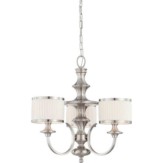 Nuvo Candice 24in 3-Light Chandelier | Traditional Brushed Nickel and Pleated White Fabric | Dining Room & Living Room | 21 x 21 x 15 in | Model 60-4734