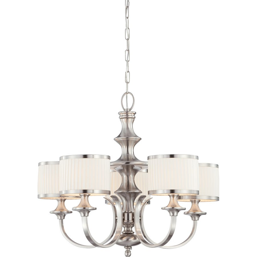 Nuvo Candice 28in 5-Light Chandelier | Traditional Brushed Nickel and Pleated White Fabric | Dining Room & Living Room | 27 x 27 x 16 in | Model 60-4735