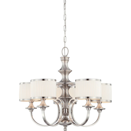 Nuvo Candice 28in 5-Light Chandelier | Traditional Brushed Nickel and Pleated White Fabric | Dining Room & Living Room | 27 x 27 x 16 in | Model 60-4735