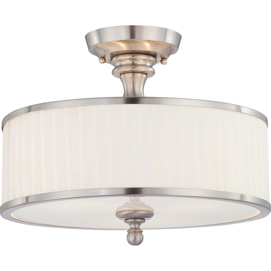 Nuvo Candice 3-Light Semi-Flush Mount | Traditional Brushed Nickel and Pleated White Fabric Shade | Bedroom & Hallway Ceiling Light | 15 x | Model 60-4737