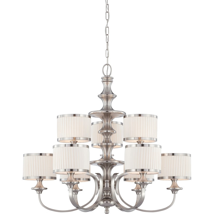 Nuvo Candice 36in 9-Light Chandelier | Traditional Brushed Nickel and Pleated White Fabric | Dining Room & Living Room | 35 x 31 x 18 in | Model 60-4739