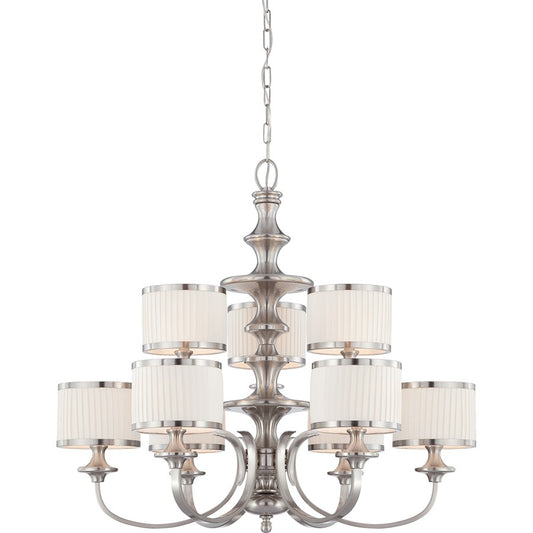 Nuvo Candice 36in 9-Light Chandelier | Traditional Brushed Nickel and Pleated White Fabric | Dining Room & Living Room | 35 x 31 x 18 in | Model 60-4739