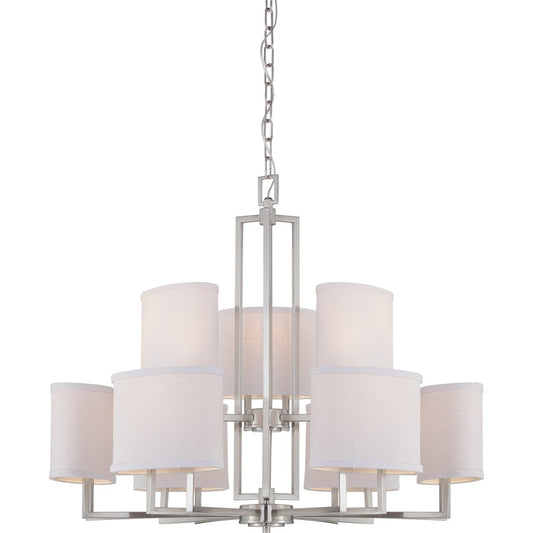 Nuvo Gemini 31in 9-Light Chandelier | Contemporary Brushed Nickel and Slate Gray Fabric Shades | Dining Room & Living Room | 31 x 27 x 27 | Model 60-4759
