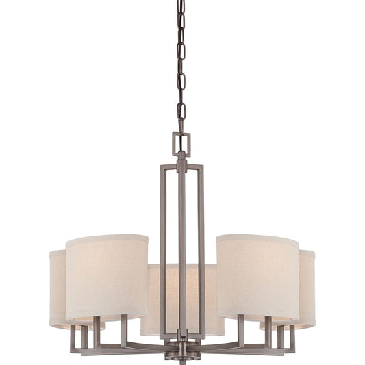Nuvo Lighting Gemini 25in 5-Light Chandelier | Hazel Bronze and Khaki Fabric Shades | Dining Room & Living Room | 24 x 23 x 12 in | Model 60-4855
