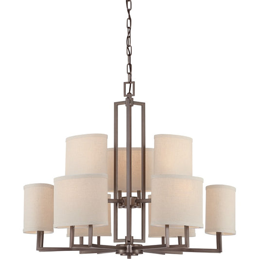 Nuvo Lighting Gemini 31in 9-Light Chandelier | Hazel Bronze and Khaki Fabric Shades | Dining Room & Living Room | 31 x 27 x 27 in | Model 60-4859