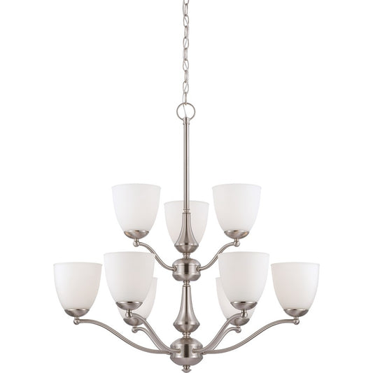 Nuvo Patton 30in 9-Light Chandelier | Transitional Brushed Nickel and Frosted Glass | Dining Room & Living Room | 30 x 30 x 31 in | Model 60-5039
