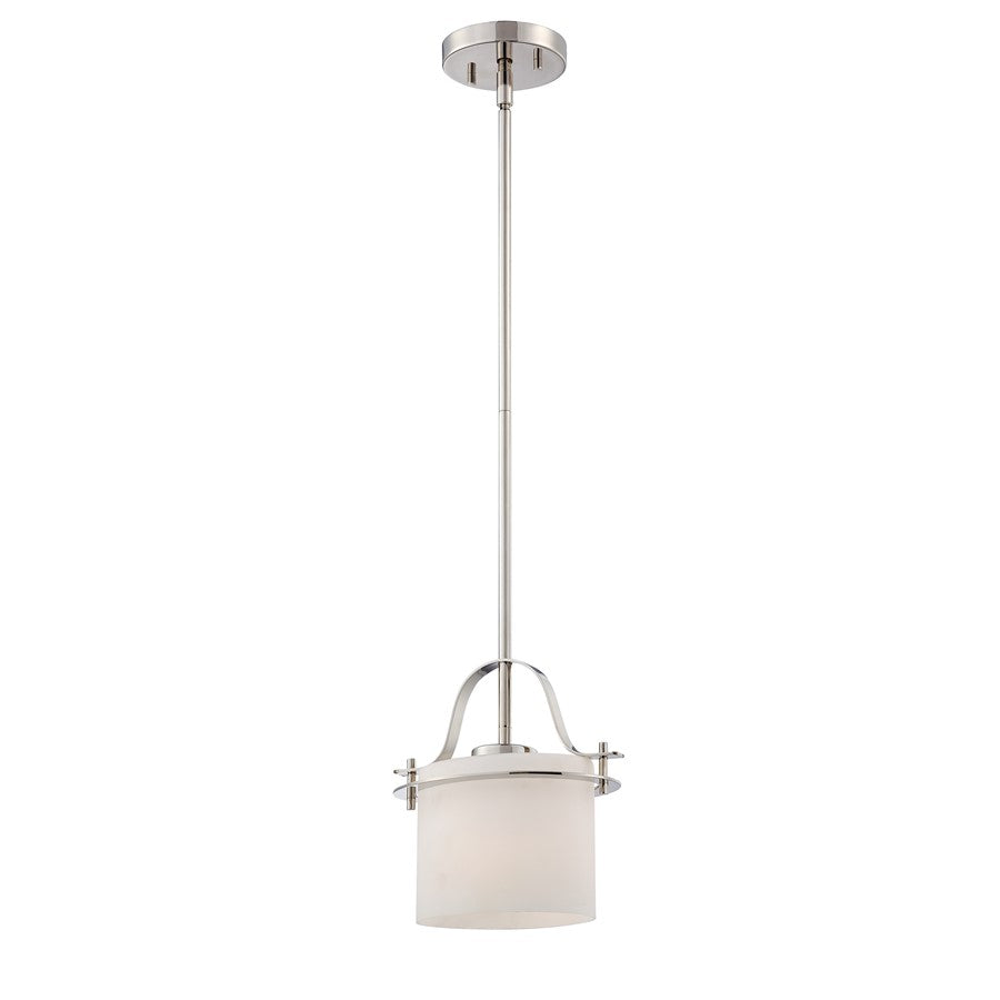 Nuvo Loren 8.5in 1-Light Mini Pendant | Contemporary Polished Nickel and Etched Opal Glass | Kitchen Island & Dining Nook | 8.5 x 8.5 x 45 | Model 60-5105