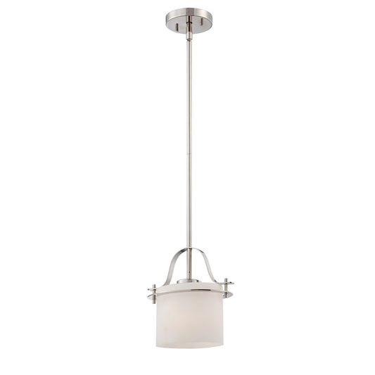 Nuvo Loren 8.5in 1-Light Mini Pendant | Contemporary Polished Nickel and Etched Opal Glass | Kitchen Island & Dining Nook | 8.5 x 8.5 x 45 | Model 60-5105
