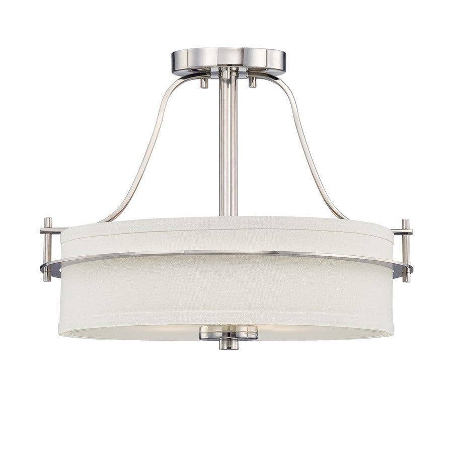 Nuvo Loren 15in 2-Light Semi-Flush Mount | Contemporary Polished Nickel and White Linen Glass | Entryway & Hallway | 15 x 15 x 13.125 in | Model 60-5107