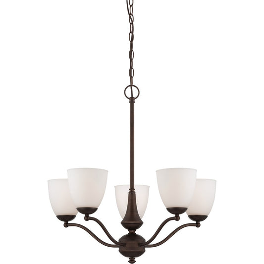 Nuvo Patton 25in 5-Light Chandelier | Transitional Prairie Bronze and Frosted Glass | Dining Room & Living Room | 25 x 25 in | Model 60-5135