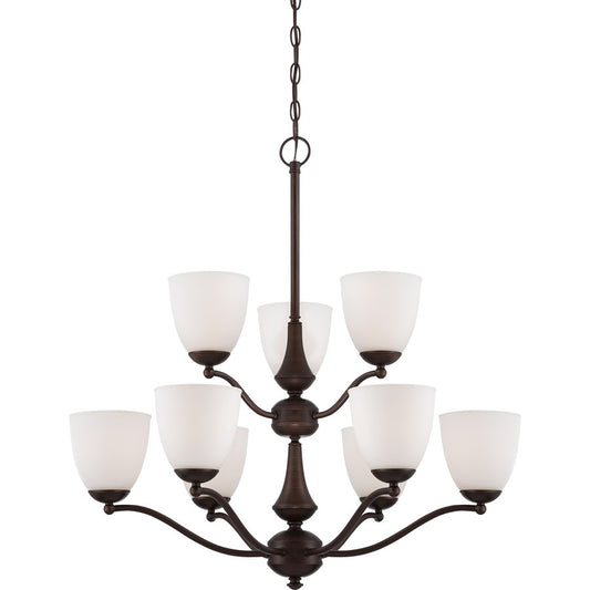 Nuvo Patton 30in 9-Light Chandelier | Transitional Prairie Bronze and Frosted Glass | Dining Room & Living Room | 30 x 30 x 31 in | Model 60-5139
