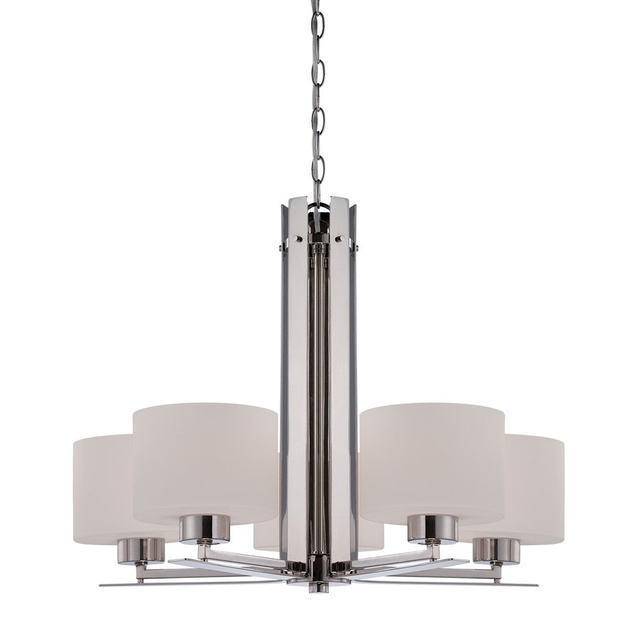 Nuvo Parallel 26in 5-Light Chandelier | Transitional Polished Nickel and Etched Opal Glass | Dining Room & Living Room | 26 x 26 x 20.25 in | Model 60-5205
