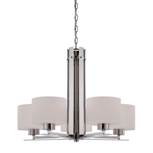 Nuvo Parallel 26in 5-Light Chandelier | Transitional Polished Nickel and Etched Opal Glass | Dining Room & Living Room | 26 x 26 x 20.25 in | Model 60-5205