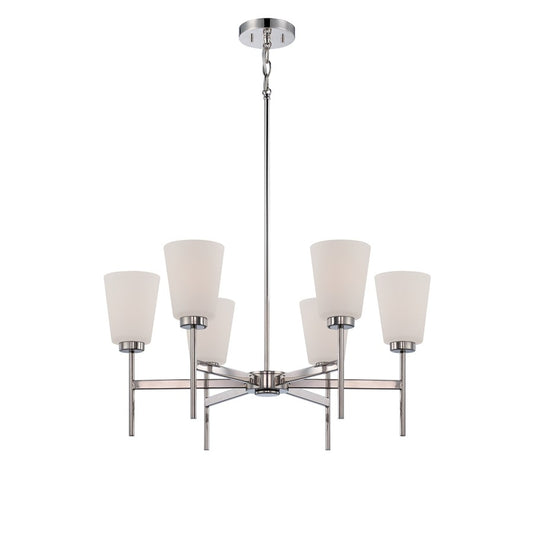 Nuvo Benson 27in 6-Light Chandelier | Transitional Polished Nickel and Satin White Glass | Dining Room & Living Room | 27.25 x 56.5 in | Model 60-5216