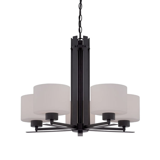 Nuvo Parallel 26in 5-Light Chandelier | Transitional Aged Bronze and Etched Opal Glass | Dining Room & Living Room | 26 x 26 x 20 in | Model 60-5305