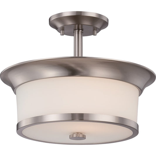 Nuvo Mobili 13in 2-Light Semi Flush | Transitional Brushed Nickel and Satin White Glass | Hallway & Bedroom Ceiling Light | 13.12 x 10.25 | Model 60-5450