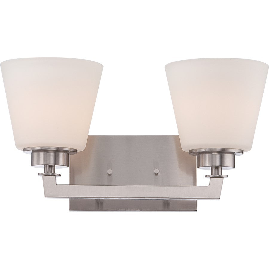 Nuvo Mobili 15in 2-Light Vanity Light | Transitional Brushed Nickel and Satin White Glass | Bathroom Vanity | 15.38 x 6.88 x 7.88 in | Model 60-5452
