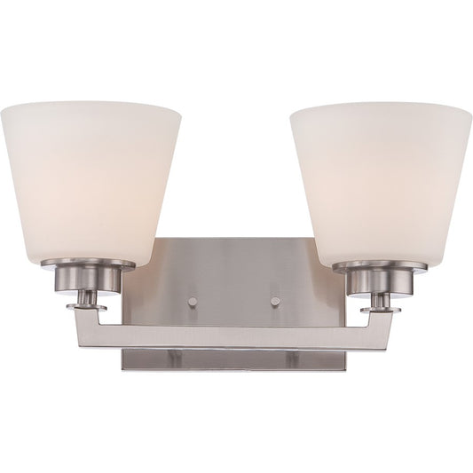 Nuvo Mobili 15in 2-Light Vanity Light | Transitional Brushed Nickel and Satin White Glass | Bathroom Vanity | 15.38 x 6.88 x 7.88 in | Model 60-5452