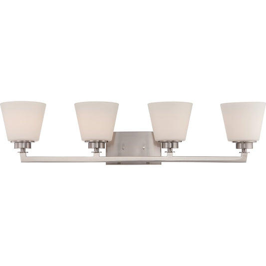 Nuvo Mobili 34in 4-Light Vanity Light | Transitional Brushed Nickel and Satin White Glass | Bathroom Vanity | 34.62 x 7.88 x 6.88 in | Model 60-5454