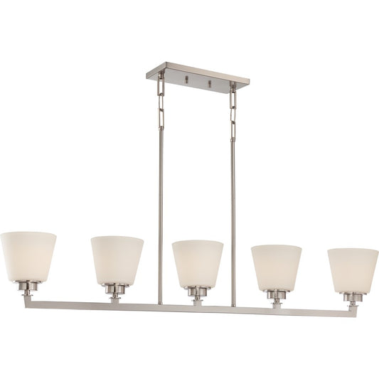 Nuvo Mobili 44in 5-Light Island Pendant | Transitional Brushed Nickel and Satin White Glass | Kitchen Island & Dining Room | 44 x 6 x 43 in | Model 60-5455