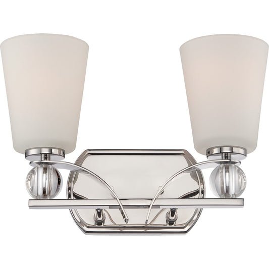 Nuvo Connie 14in 2-Light Vanity Light | Traditional Polished Nickel and Satin White Glass | Bathroom Vanity & Powder Room | 14.38 x 6.88 x | Model 60-5492