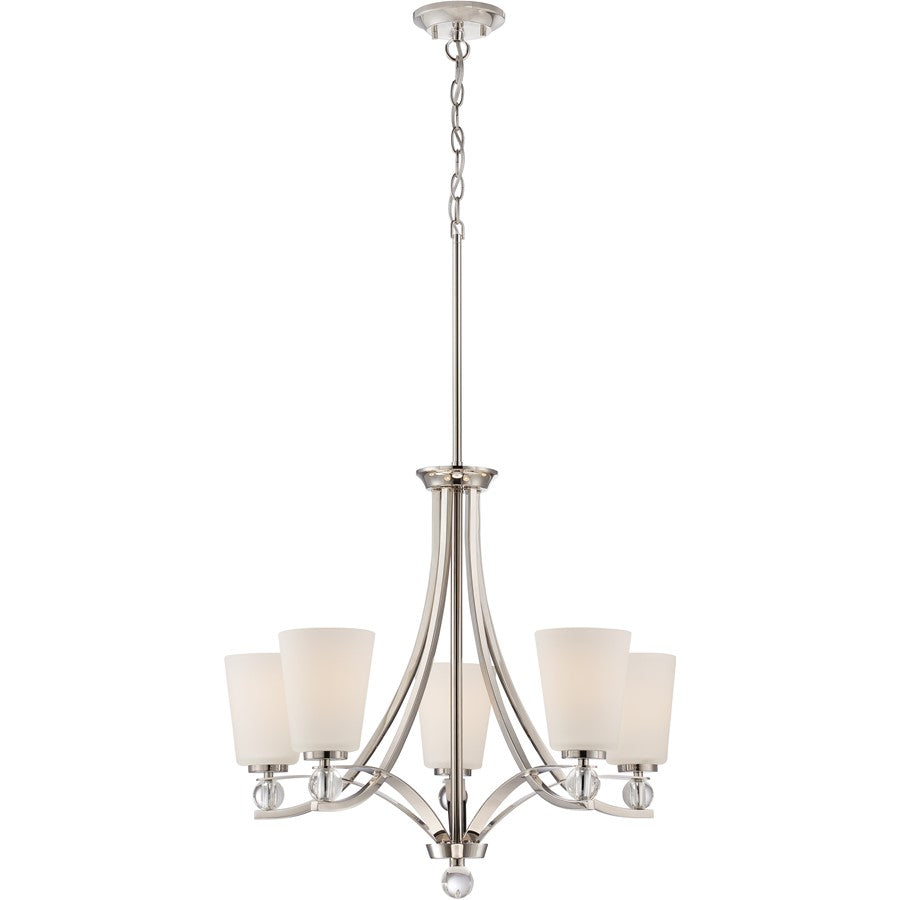Nuvo Connie 26in 5-Light Chandelier | Traditional Polished Nickel and Satin White Glass | Dining Room & Living Room | 26 x 26 x 34.62 in | Model 60-5495