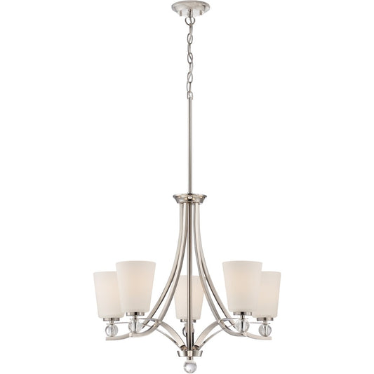 Nuvo Connie 26in 5-Light Chandelier | Traditional Polished Nickel and Satin White Glass | Dining Room & Living Room | 26 x 26 x 34.62 in | Model 60-5495