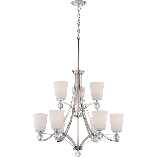Nuvo Connie 30in 9-Light Chandelier | Traditional Polished Nickel and Satin White Glass | Dining Room & Living Room | 30 x 30 x 40.88 in | Model 60-5499
