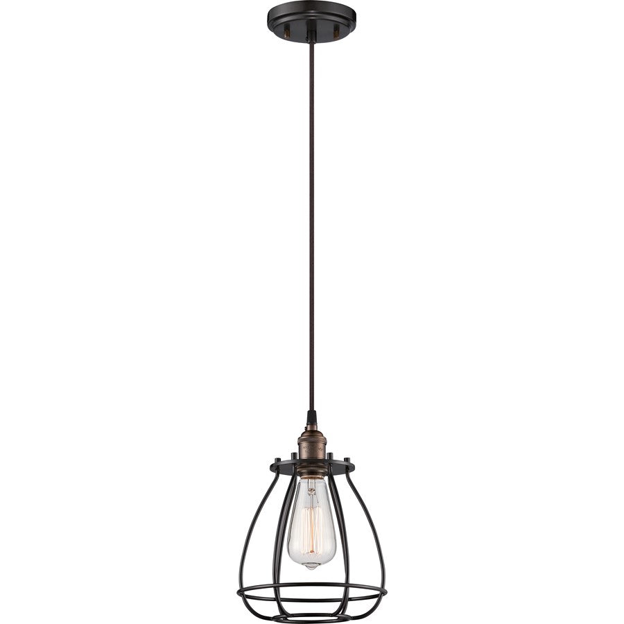 Nuvo Vintage 7.38in 1-Light Caged Pendant | Transitional Rustic Bronze Metal | Kitchen Island & Dining Room | 7.38 x 7.38 x 10.75 in | Model 60-5501